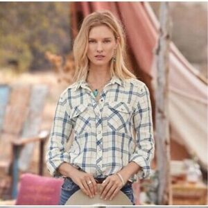 Sundance linen Polly plaid shirt with lace